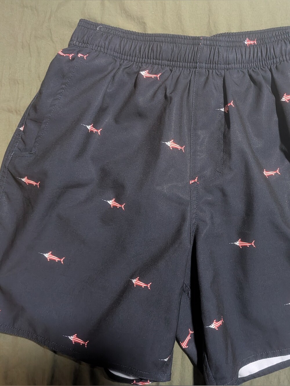 Aftco Mens Swim Trunks Shorts Strike Pattern Navy Size S Mesh Liner & Zip Pocket
